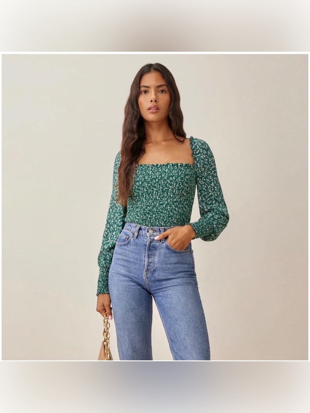 Reformation Dark Green Floral Smocked Puff-Sleeve Crop Top